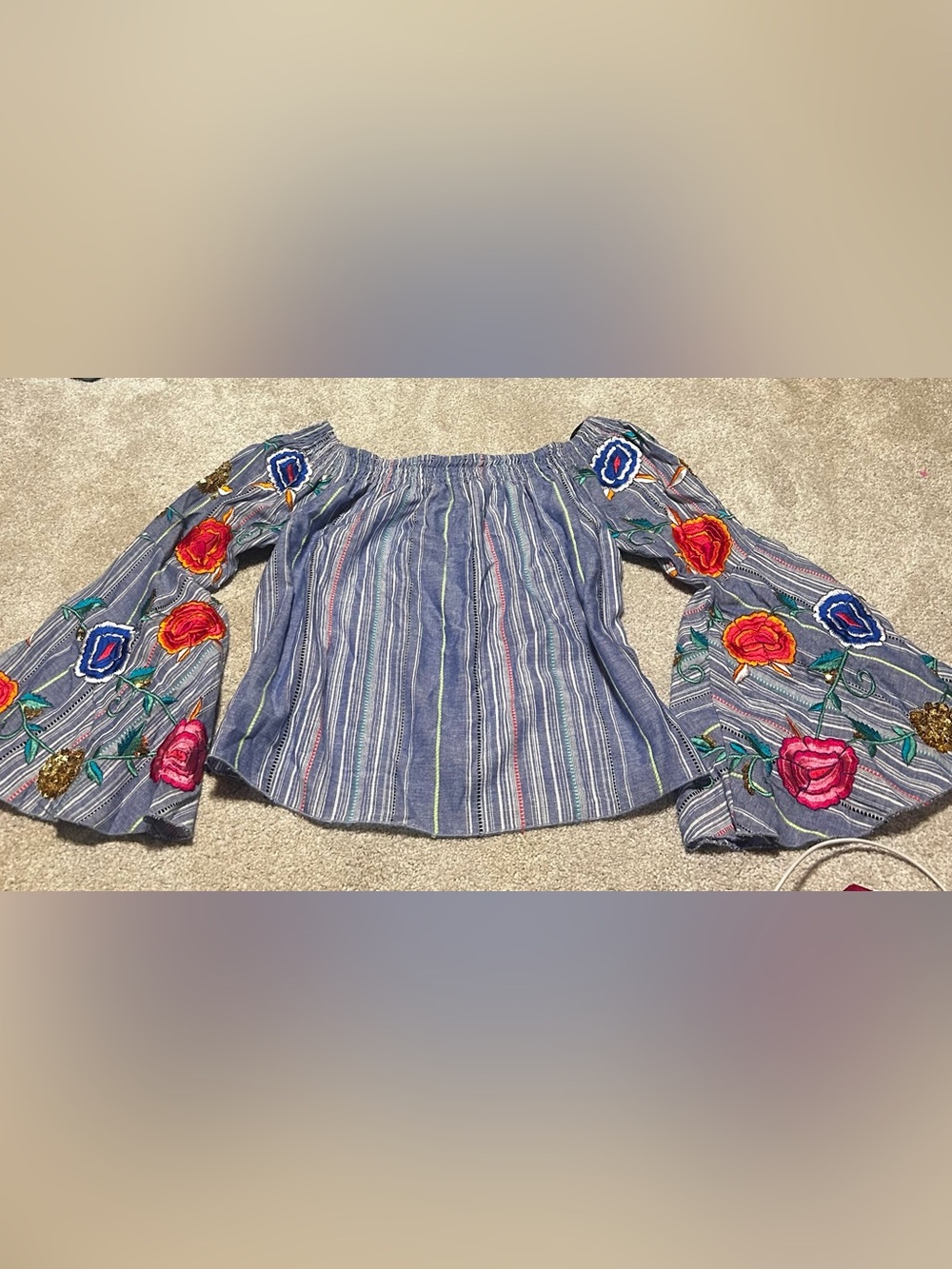 RARE B Flont Blue Striped Off-Shoulder Blouse with Floral Embroidery